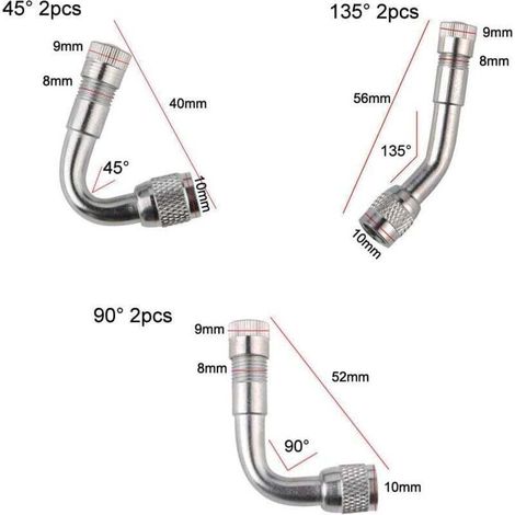 Set di 6 prolunghe per valvole pneumatici, adattatori per valvole, prolunghe per valvole ad aria, gomiti per valvole, per auto, moto, biciclette, camion, 3 tipi (argento) (1/3)