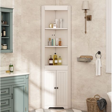 Badezimmer-Hochschrank MDF Weiß 49,5 cm, Eckschrank mit 3 offenen Ablagen und 2 Türen (1/5)