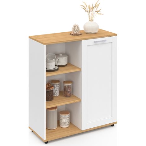 Idmarket – Buffet d'appoint 70 cm – 3 étagères et placard – Blanc et bois – Dimensions compactes pour cuisine, entrée ou bureau