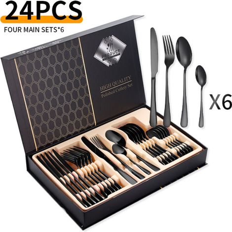 Ensemble de 24 couverts en acier inoxydable – service pour 6 personnes – acier inoxydable – noir