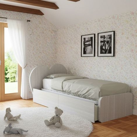 Letto singolo a cuore 80x190 con cassetti - Rovere rock