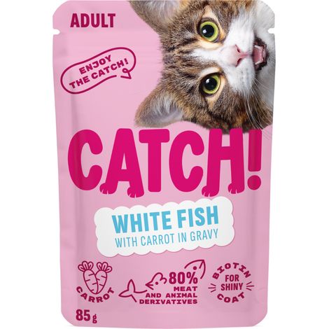 Catch Sachet de nourriture humide pour chat adulte au poulet et au poisson blanc, 85 g (1/2)