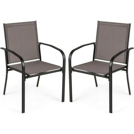 Lot de 2 chaises de jardin grises en métal avec tissu respirant, accoudoirs ergonomiques et rangement empilable pour terrasse et (1/5)