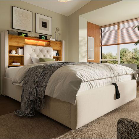 Letto contenitore 90x200 in lino con LED e USB OKMYHOME (1/5)