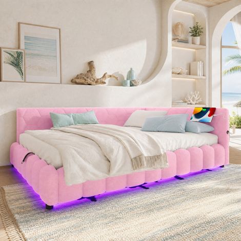 Cama con almacenamiento 140x200 estilo daybed con somier de láminas, LED, USB y USB-C, rosa HAVRYA (1/5)