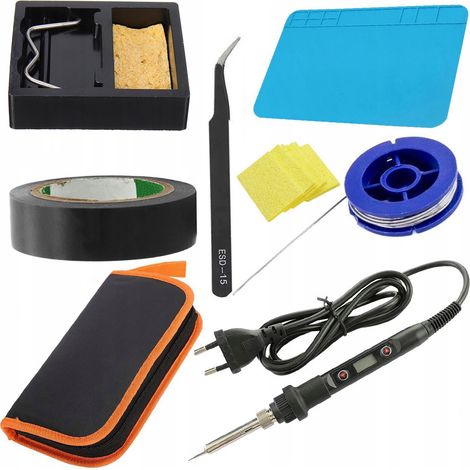 Soldador Rosfix 80W OC80W + Tapete 20x30 + Esponja + Estaño 0.8x10 + Pinzas dobladas + Cinta aislante negra + Estuche + Soporte para soldador con esponja para limpiar la punta