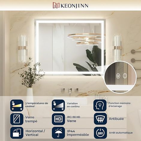 LED Bathroom Mirror 120 x 60 cm – Illuminated Anti-Fog Mirror with Front and Rear Lighting – 3 Colours Adjustable – Rectangular Wall Mirror for Horizontal or Vertical Installation (1/3)