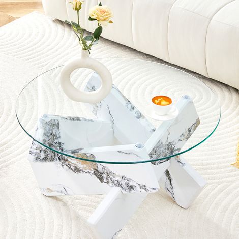 Wohnzimmertisch Couchtisch rund 79 cm Glas MDF OKMYHOME (1/5)