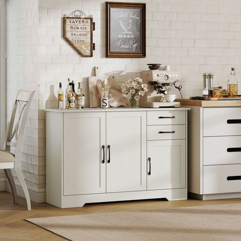 Credenza moderna per soggiorno con 3 ante, 2 cassetti e ripiano regolabile, ideale per sala da pranzo e ingresso, 120x38x79 cm, colore crema. (1/5)