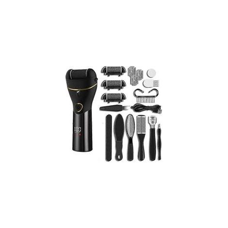 Lime électrique pour les pieds avec divers accessoires, rechargeable, noire.