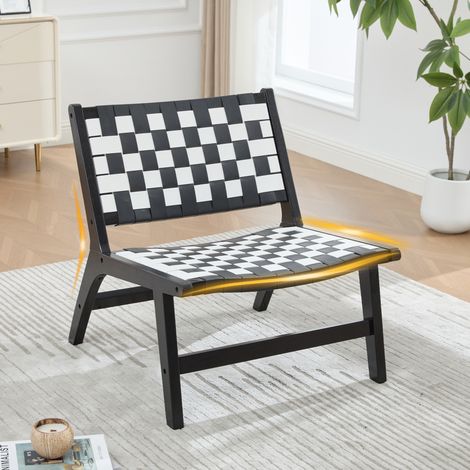 Fauteuil moderne 71 x 66 x 72 cm pour salon, sans accoudoirs, structure bois, tissage damier noir en PU (1/5)