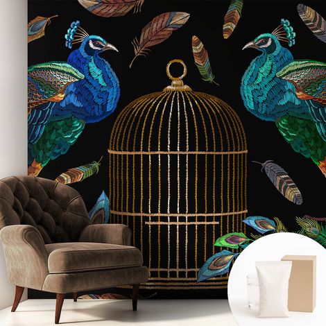 Papier peint intissé décoratif pour chambre et salon Design moderne à poser facilement - Colle incluse gratuite Image de paon 250x250 cm (1/5)