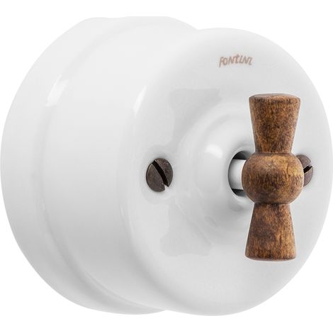 Interrupteur va et vient porcelaine blanche – Manette bois hêtre – 10A 250V – Installation saillie – Réf. 30308213 – Fontini