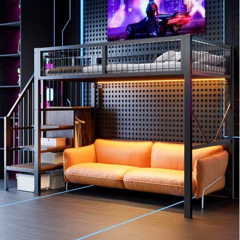 Letto a soppalco 90x200 cm in metallo nero con scala contenitore e LED - MEUBLIV (1/5)