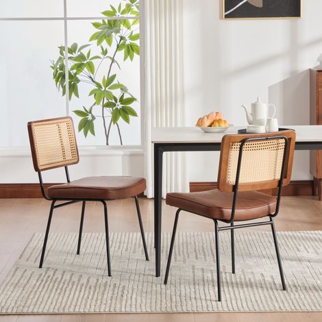 Lot 2 chaises de salle à manger modernes vintage, assise en similicuir PU, dossier en bois massif effet rotin, pieds métal réglables, marron (1/5)