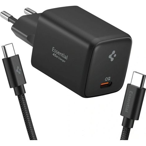 Spigen Essential EE451EU 45W USB-C Wandladegerät + USB-C/USB-C Kabel Schwarz