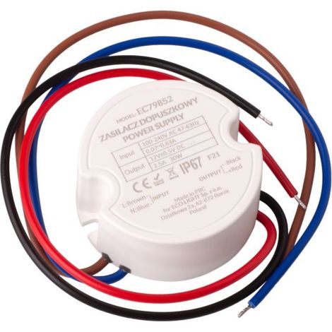 Alimentation LED 12 V 30 W IP67 encastrable – Courant 2,5 A – Pour éclairage d'escalier et rubans LED – Eco-Light