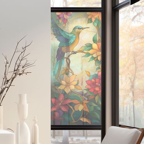 Stickers décoratifs électrostatique, colibri, oiseaux, fleurs, effet vitrail, 150 cm X 67,5 cm (1/2)