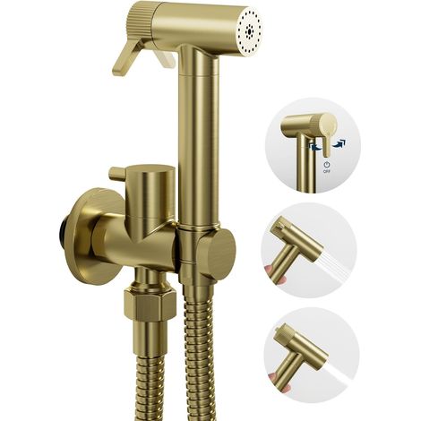 Douchette wc,Sortie d'eau à double mode,Pas besoin d'appuyer sur l'eau,Or brossé Douchette WC Multifonction,avec Support et 1.2m Tuyau,Pour Hygiène Intime,Nettoyage de salle de bain (1/5)