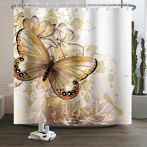 Rideau de douche 3D doré avec fleurs et papillons divins. Rideau de salle de bain imperméable en tissu avec impression numérique Washa. (1/5)