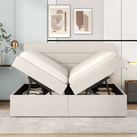 Cama baúl adulto de 140x200 cm con base de láminas metálicas y espacio de almacenamiento, de MDF, sin colchón, beige (1/5)