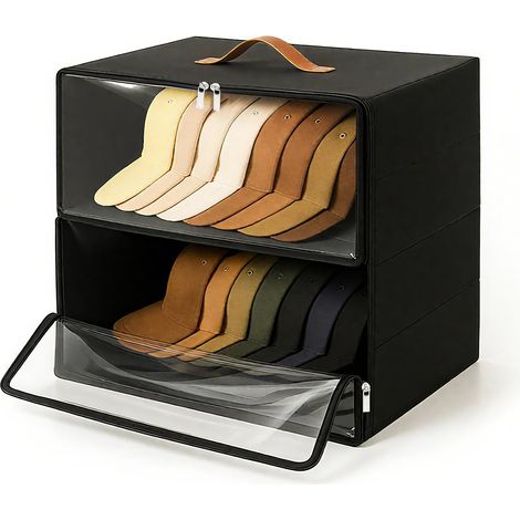Ensemble de 2 boîtes de rangement pour casquettes, empilables et robustes, avec ouverture frontale et fenêtre transparente, idéales pour un rangement compact dans une armoire. (1/5)