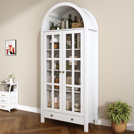 Meuble de rangement haut design incurvé avec étagères multiples et tiroir – Armoire polyvalente à tablettes ajustables pour séjour, bureau et salle à manger, idéale pour exposer et organiser. (1/5)