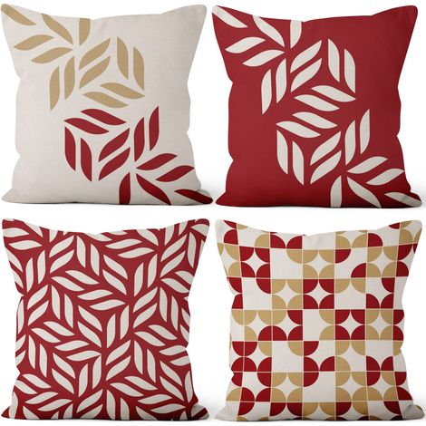 41x41cm Lot De 4 Housse De Coussin Rouge Beige Moderne Géométrique Lin De Coussin carré Taie d'oreiller Decoration Canapé Maison Décor Jardin Chambre Lit Salon Voiture Chaise Plage (1/5)