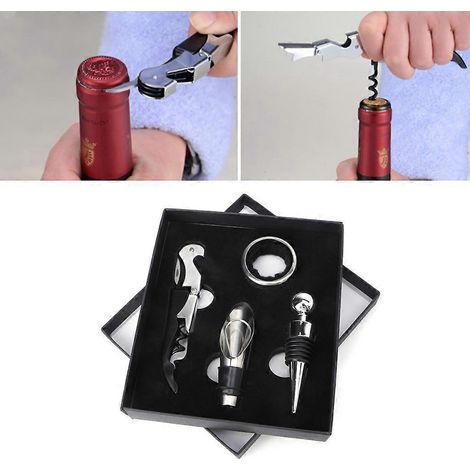 Coffret cadeau de 4 outils à vin en acier inoxydable : ouvre-bouteille, tire-bouchon et verseur. (1/4)