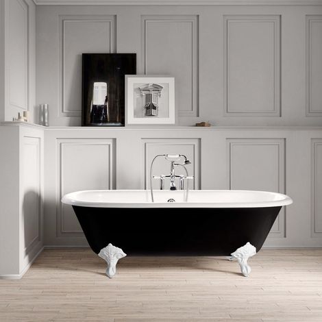 Vasca da bagno freestanding in ghisa stile classico con piedini PLYMOUTH nera 153 cm Piedini bianchi