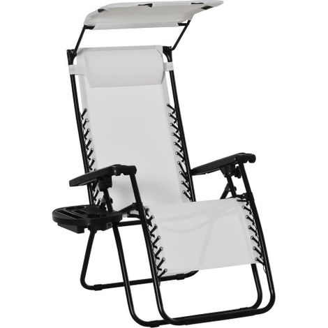 Zero Gravity Garden Folding Patio Sun Lounger w/Cup Holder & Canopy Shade White
