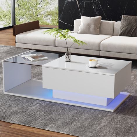 Couchtisch aus Spanplatte in Weiß Hochglanz mit Glas, 100x50x32 cm, 1 Schublade und Bluetooth-LED (1/5)