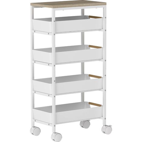 Desserte de cuisine roulante 5 étagères avec 4 tiroirs coulissants, chariot de rangement blanc à roulettes, meuble étagère de stockage. (1/5)
