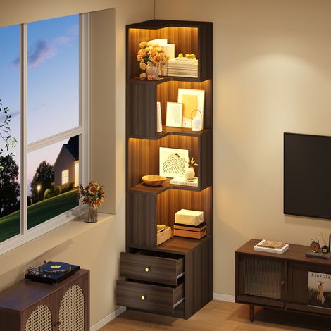 Librería de Esquina con 4 Estantes y 2 Cajones, LED Controlada por App, para Oficina, 45×43.5×180 cm (1/5)