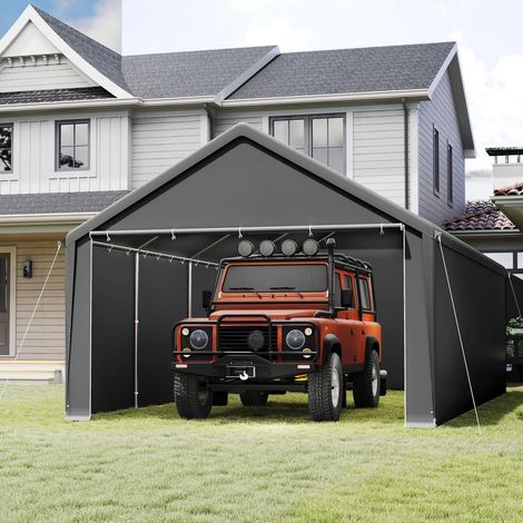 Tente de stockage pour carport 4x8m Gris, structure en acier galvanisé, bâche PE 200g/m² imperméable, avec bâches latérales incluses (1/5)