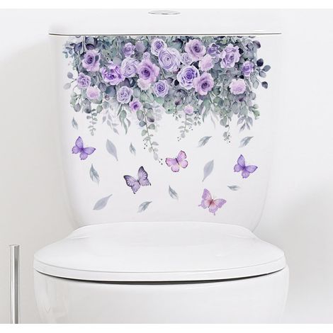 Lot de 2 feuilles d'autocollants violets pour couvercle de salle de bain Motif fleurs et papillons (1/5)