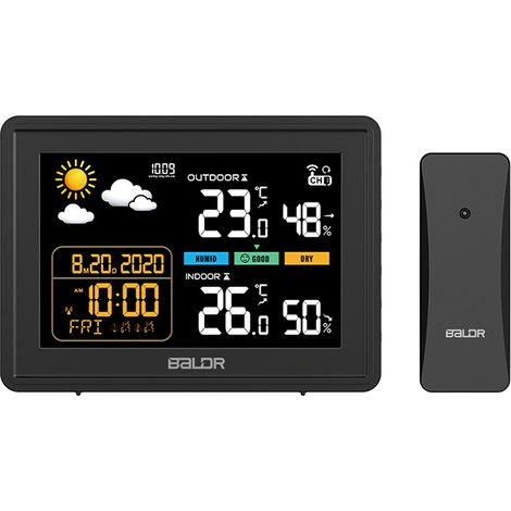 Drahtlose Wetterstation, Innen-Außen-Barometer, Thermometer, Hygrometer mit RCC/DCF-LED-Sensor, hintergrundbeleuchtetes Display, digitaler Wecker, Schwarz (1/5)