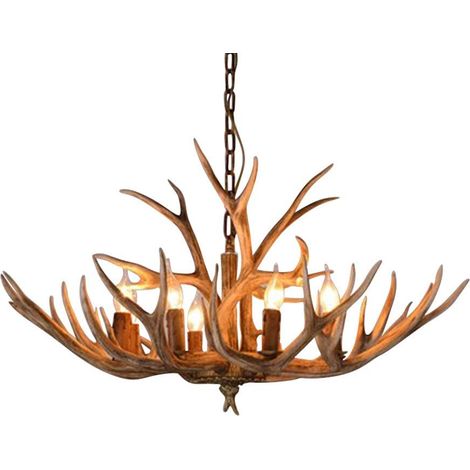 Gojoy – Lustre vintage en bois de cerf – 6 lampes E14 – Hauteur 40 cm, diamètre 68 cm – Éclairage rustique pour salon, bar, restaurant (1/5)