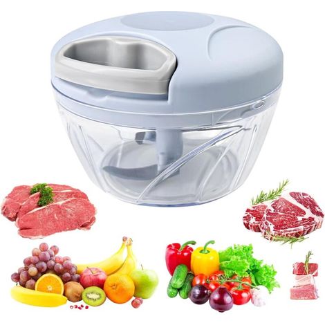 Mini hachoir manuel de cuisine, coupe-oignon manuel 500 ml avec cordon de traction, 3 lames en acier inoxydable (bleu)