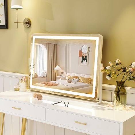 COSTWAY Speechio da Trucco con Luci Regolabile in Luminosità e a 3 Colori, Specchio da Tavolo con Specchio Ingrendimento 10X, Specchio da Trucco a Rotazione, 80 x 55 cm, Bianco (1/5)