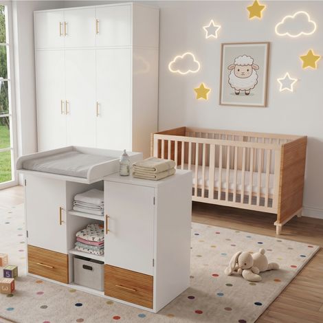Ensemble table à langer et lit bébé, mobilier de chambre d'enfant, table à langer (114 x 53 x 92 cm), tablette à langer, barrière à langer amovible, lit bébé (70 x 140 x 87 cm), coloris bois naturel (1/5)