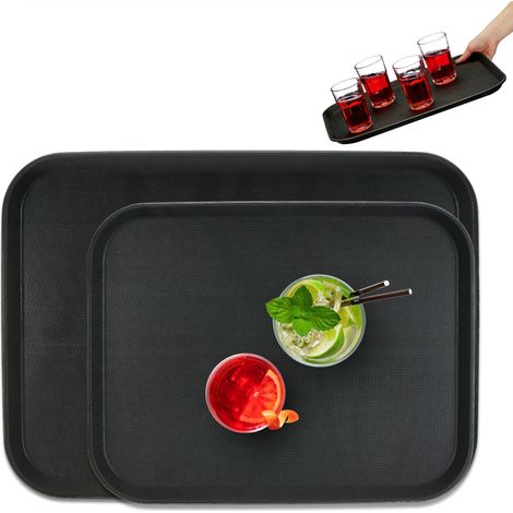Relaxdays Vassoio Antiscivolo da Portata, Set da 2, 46x35 e 56x41 cm, Servizio Camerieri Ristorante, Bar, Cucina, Nero