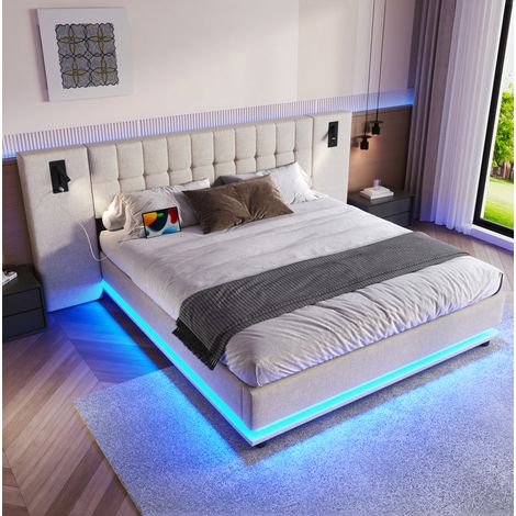 Letto matrimoniale 180x200 cm in tessuto beige con LED e USB per camera, senza materasso - FLORAGRACE (1/5)