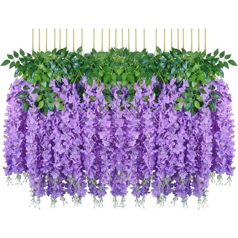 Fleurs Artificielles, 24 Pièces Artificielles Faux Glycine Vigne Suspendus Fleurs En Soie Décor De Fête De Mariage À La Maison (24 Pièces, 110 Cm / Chaque Brin, Violet) (1/4)