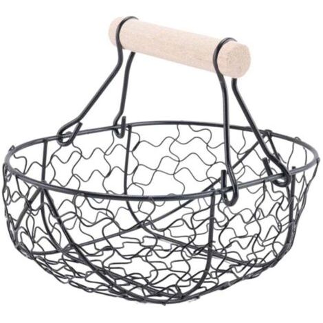 Cesto retro con manico in legno e struttura in metallo, porta tutto per verdure, uova e alimenti, organizer pratico nero. (1/4)