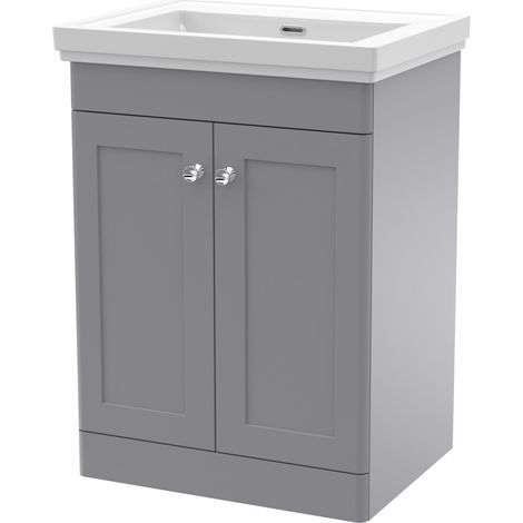 Nuie Classique Floor Standing 2-Door Vanity Unit with Classic Basin 600mm Wide Satin Grey - 0 Tap Hole (1/5)