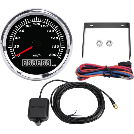 Compteur de vitesse de bateau 85 mm Moteur pas à pas 200 km Jauge de vitesse à pointeur rouge avec rétroéclairage 7 couleurs pour yacht RV camion moto Lunette argentée Cadran noir (1/5)