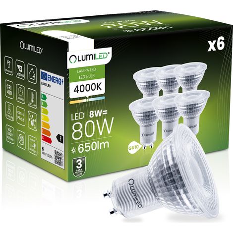 6 lampadine LED GU10 Spotlight PAR16 8W = 80W 650lm 4000K Neutro 36° Dimmerabile LUMILED
