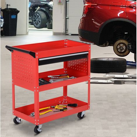 Chariot à outils 82x35x76 cm en acier rouge, 3 niveaux et 4 roulettes, pour atelier – MEUBLIV (1/5)