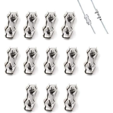 12pcs M3 Double Steel Wire Rope Clamp, Stainless Steel Wire Rope Clamp Connector, Brake Cable Fastening Clamp, Used for 2mm Steel Wire Rope